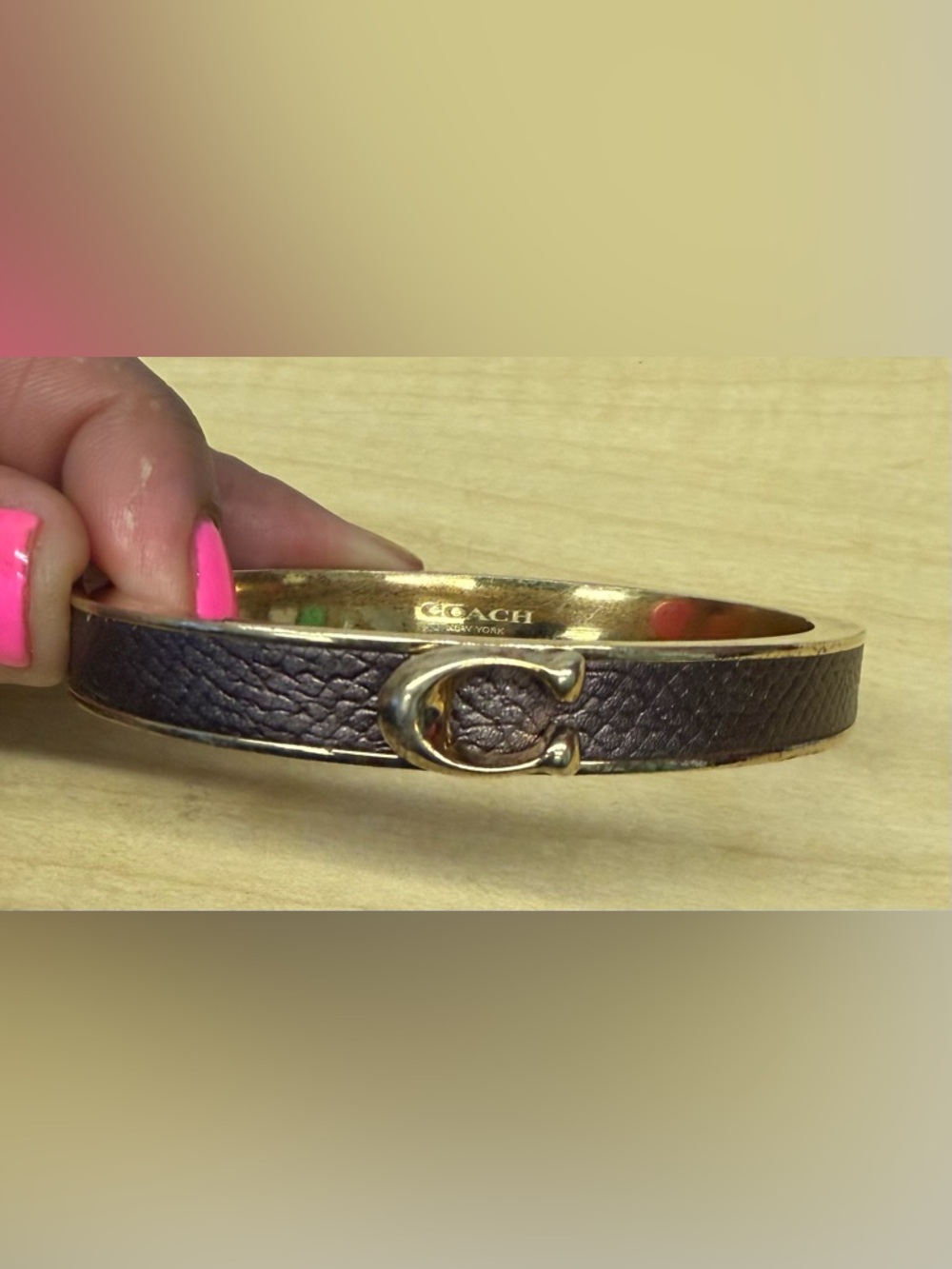 Coach Brown Leather Bangle with Gold 'C' Logo